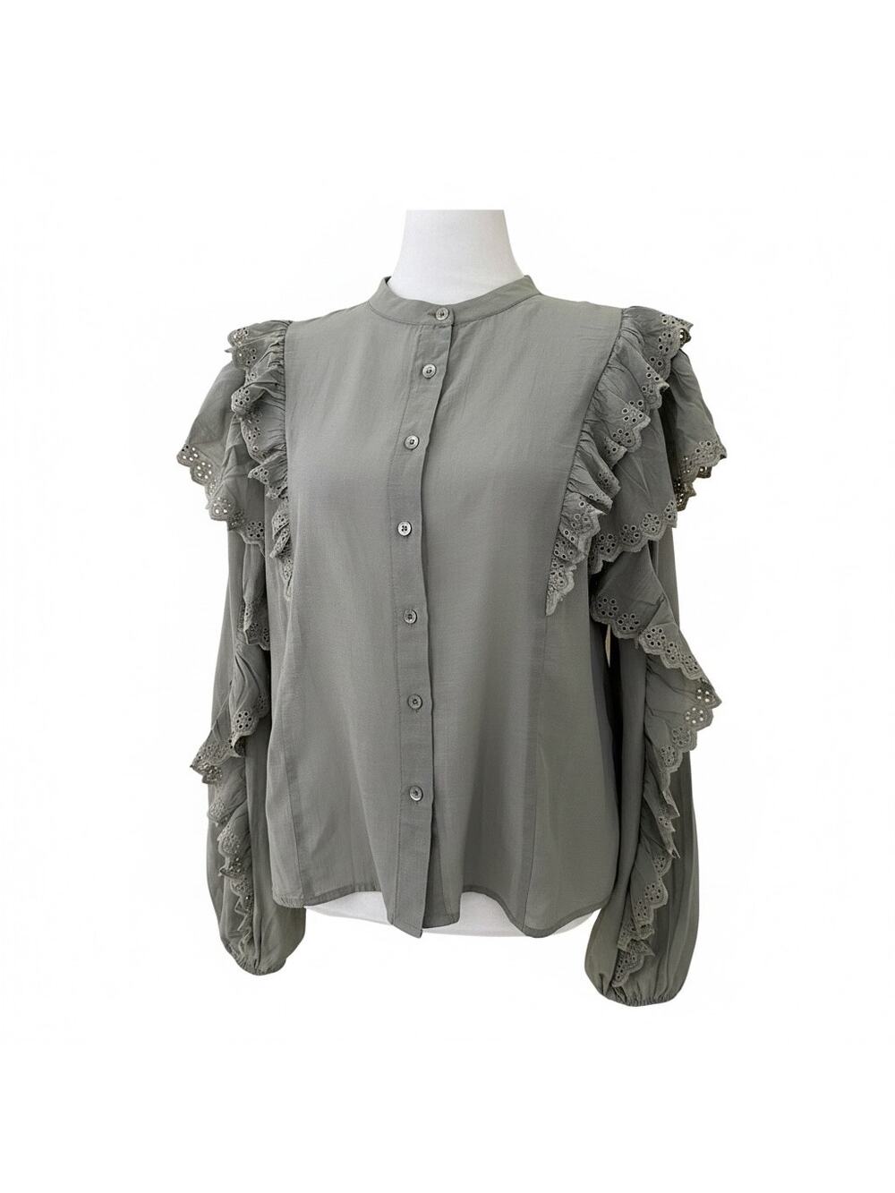 The Drop Arianna Iceberg Green Button Front Ruffle Blouse Size L - NWT